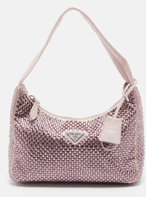Prada Re-Edition 2000 Pink Satin and Crystals Shoulder Bag