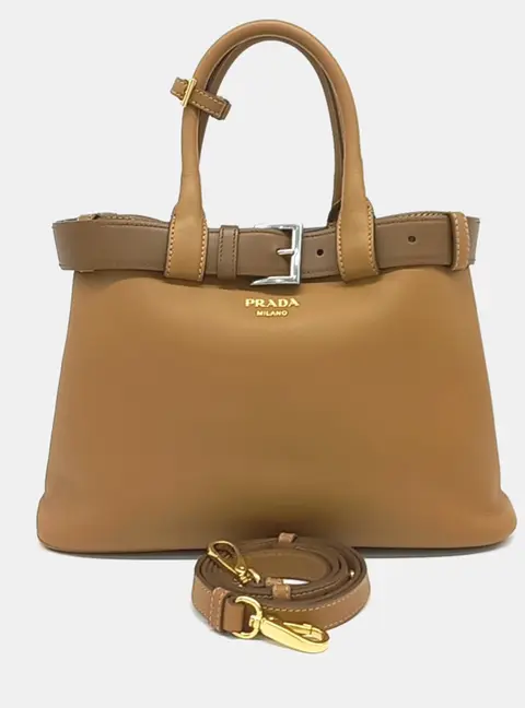 Prada Buckle Bag Medium Brown Calfskin Leather Top Handle Bag