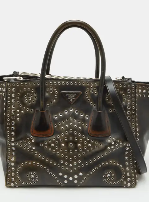 Prada Black/Brown Distressed Leather Grommet Twin Pocket Double Handle Tote