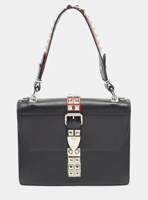 Prada Studded Elektra Black/Red Saffiano and City Leather Top Handle Bag