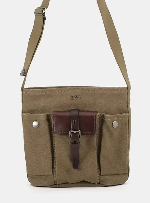Prada Route Mini Khaki Brown Canvas Leather Crossbody Bag
