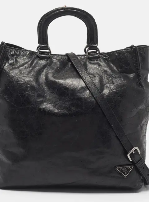 Prada Black Vitello Shine Distressed Leather Tote