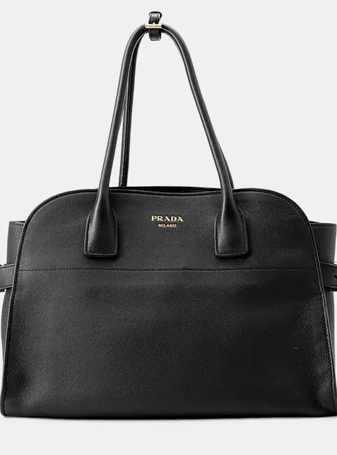 Prada Logo Tote Small Black Grained Calfskin Leather Top Handle Bag