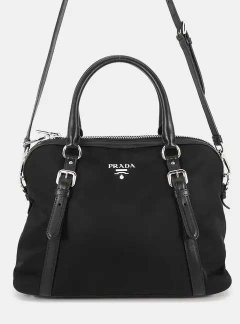 Prada Top Handle Black Nylon Leather Crossbody Bag