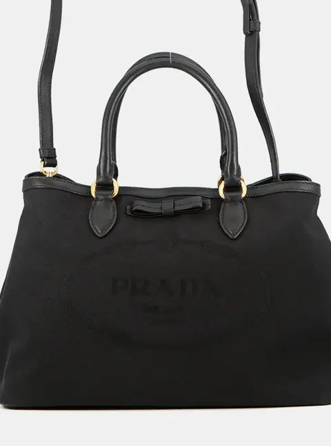 Prada Logo Jacquard 1BA579 Black Canvas Leather 2Way Tote Bag