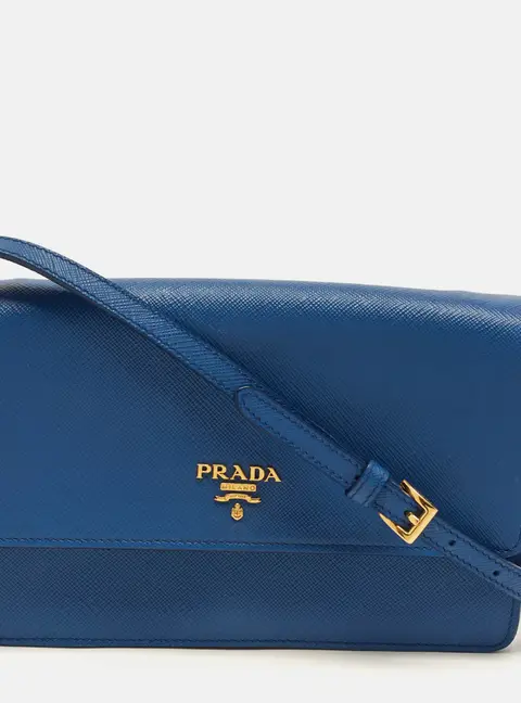 Prada Logo Flap Blue Saffiano Lux Leather Wallet On Chain