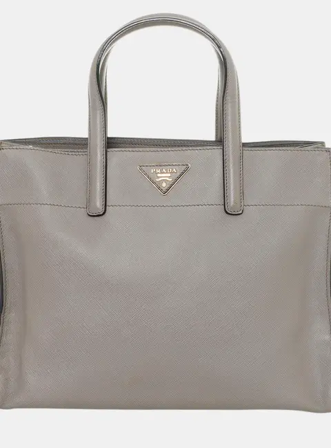 Prada Soft Caiman Leather Large Gray Saffiano Leather Top Handle Bag