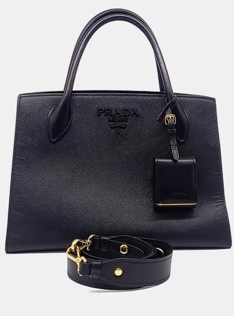 Prada Black Leather Saffiano Monochrome Tote and Shoulder Bag