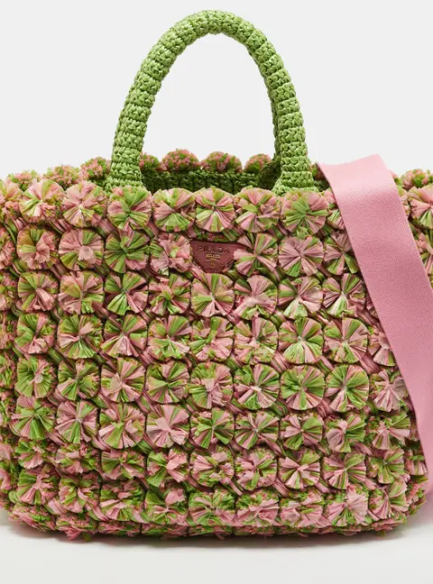 Prada Green/Pink Floral Raffia Tote