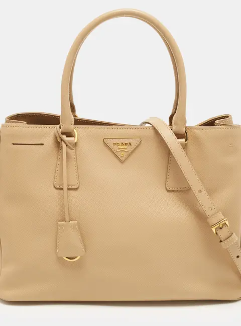 Prada Middle Zip Small Beige Saffiano Lux Leather Tote