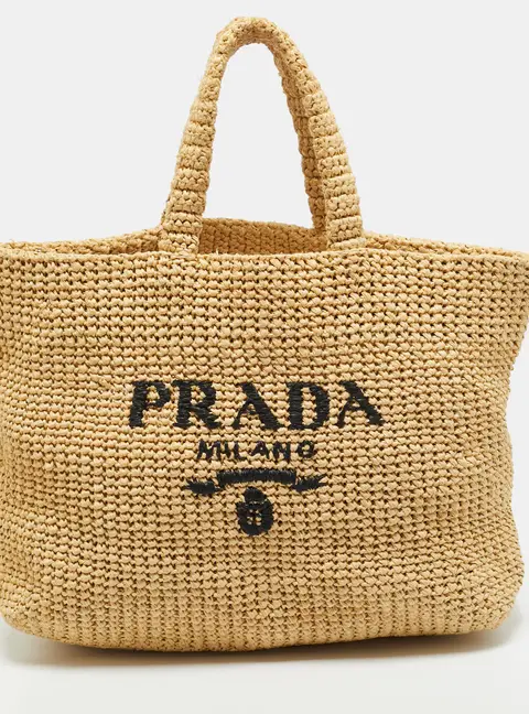 Prada Natural Raffia Logo Shopper Tote