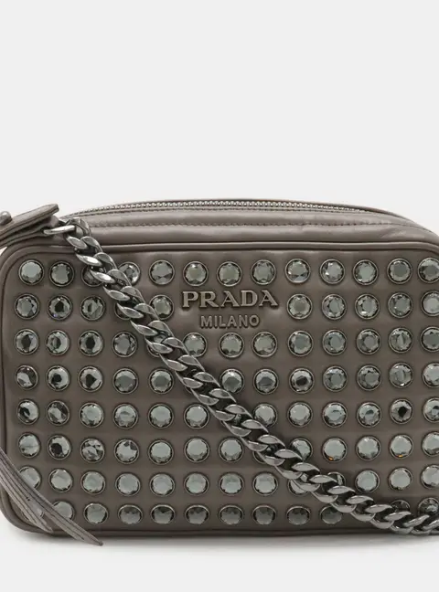 Prada Vitello Phenix Rhinestone Greige Soft Calf Leather Shoulder Bag
