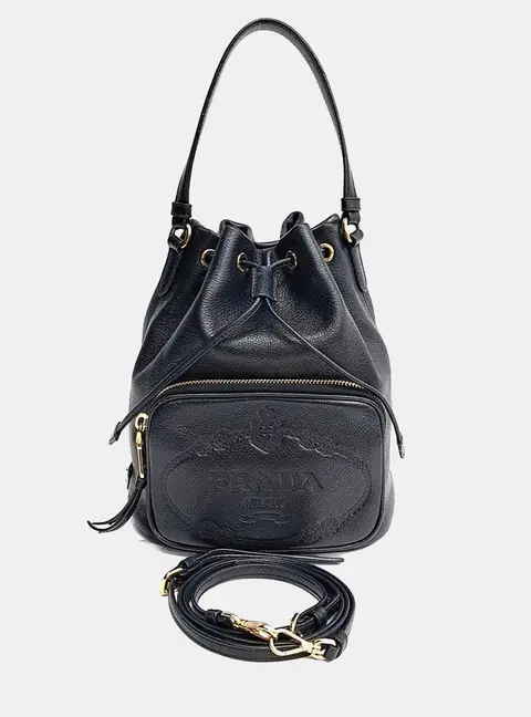 Prada Black Leather Prada Glace Calf Bucket Tote and Crossbody Bag (1BH038)
