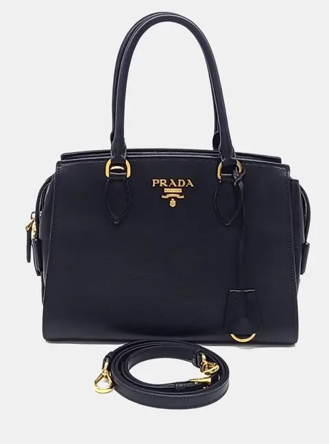 Prada Black Leather Glac&eacute; Calf Tote and Shoulder Bag