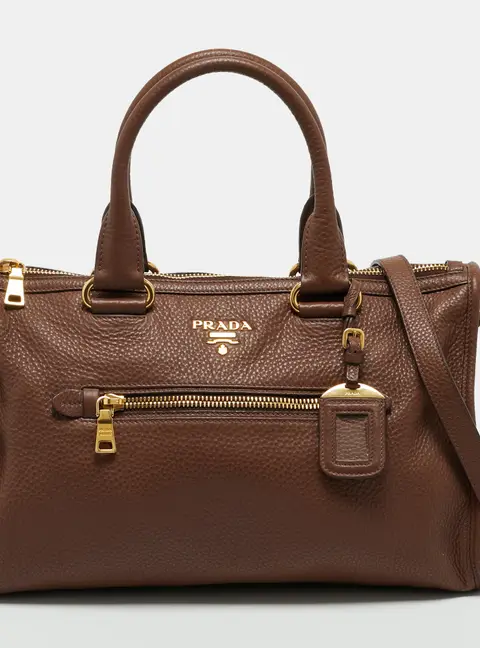 Prada Zip Brown Vitello Daino Leather Bauletto Bag