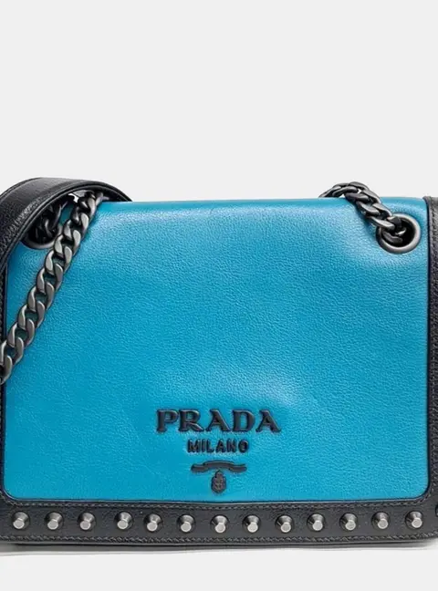 Prada Glace Black/Blue Calf Leather Chain Shoulder Bag (1BD147)