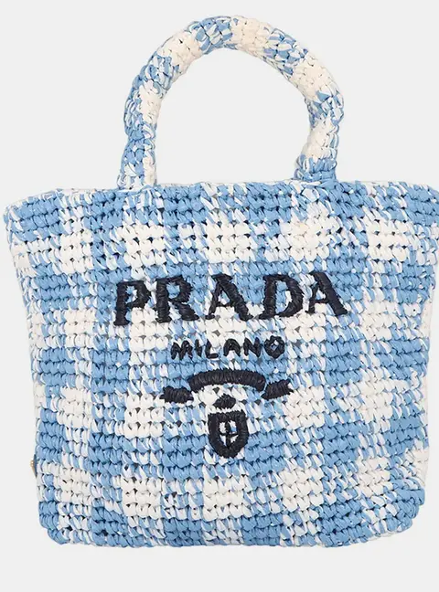 Prada Crochet Small Blue White Raffia Tote Bag