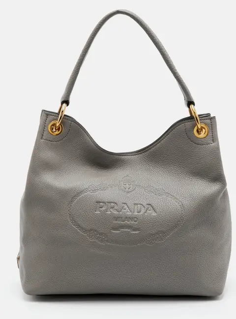 Prada Vitello Daino Light Grey Leather Phenix Embossed Logo Hobo