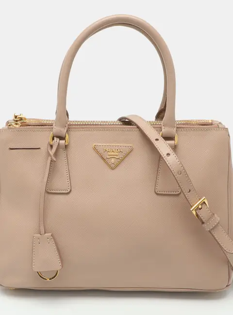 Prada Galleria Double Zip Medium Beige Saffiano Lux Leather Tote