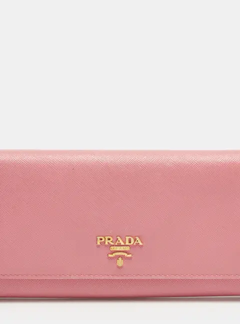 Prada Logo Flap Pink Saffiano Metal Leather Continental Wallet