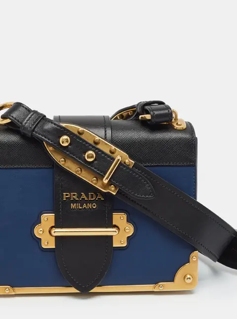 Prada Cahier Navy Blue/Black City Calf and Saffiano Leather Shoulder Bag