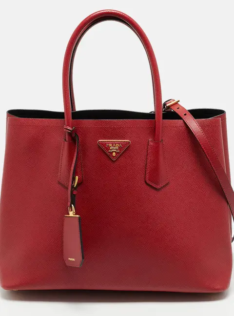 Prada Double Handle Medium Red Saffiano Cuir Leather Tote