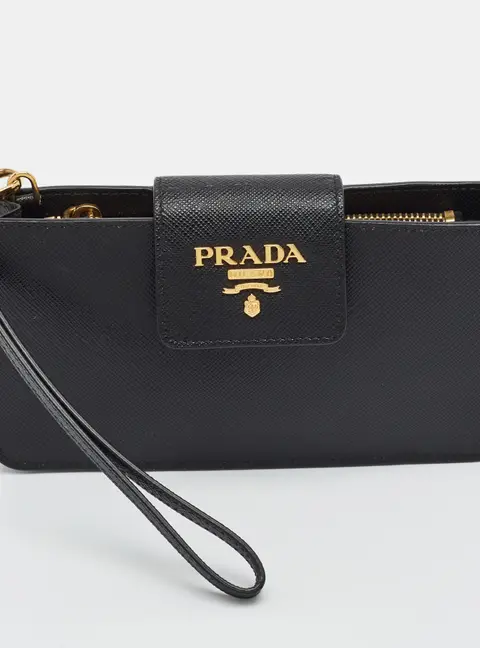 Prada Black Saffiano Metal Leather Wristlet Pouch