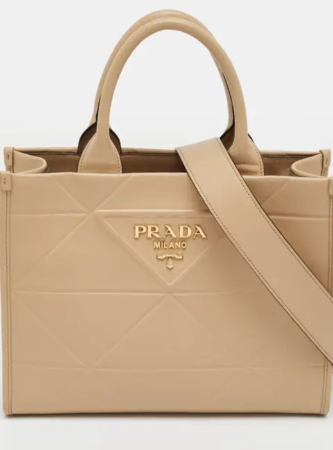 Prada Triangolo Symbole Embossed Beige Leather Tote