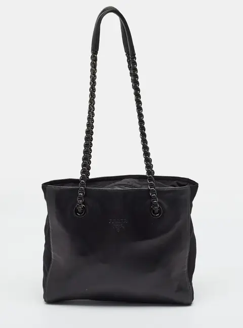 Prada Black Leather and Nylon Chain Zip Tote