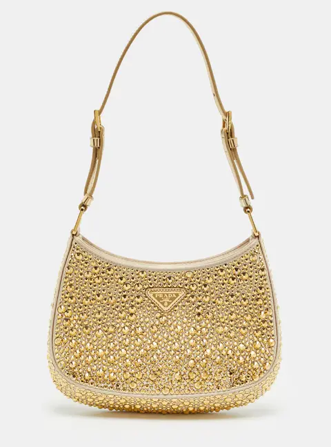 Prada Cleo Beige/Gold Leather and Satin Shoulder Bag