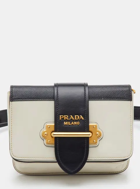 Prada Cahier Off White/Black Leather Convertible Belt Bag