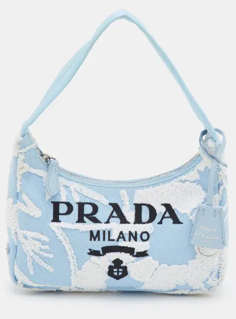 Prada Re-Edition 2005 Blue/White Embroidered Drill Canvas Shoulder Bag