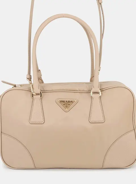 Prada Re-Edition 1978 Medium Beige Nylon Saffiano Leather Top Handle Bag