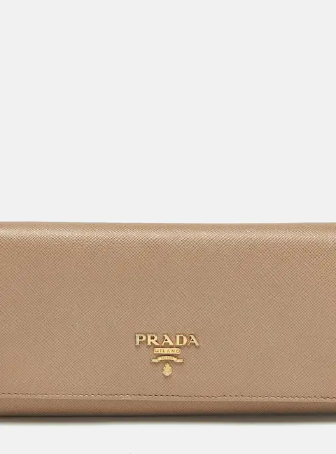 Prada Logo Flap Beige Saffiano Metal Leather Continental Wallet