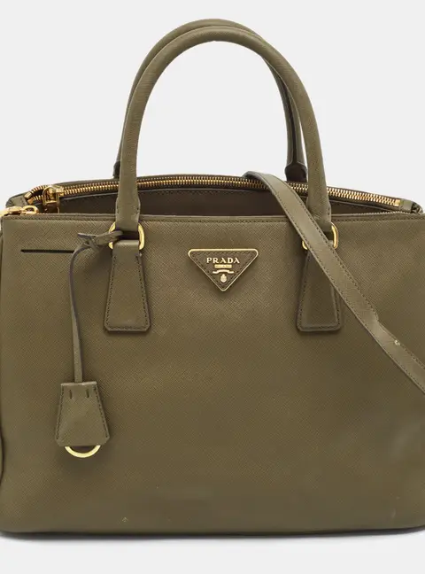 Prada Double Zip Medium Army Green Saffiano Leather Tote