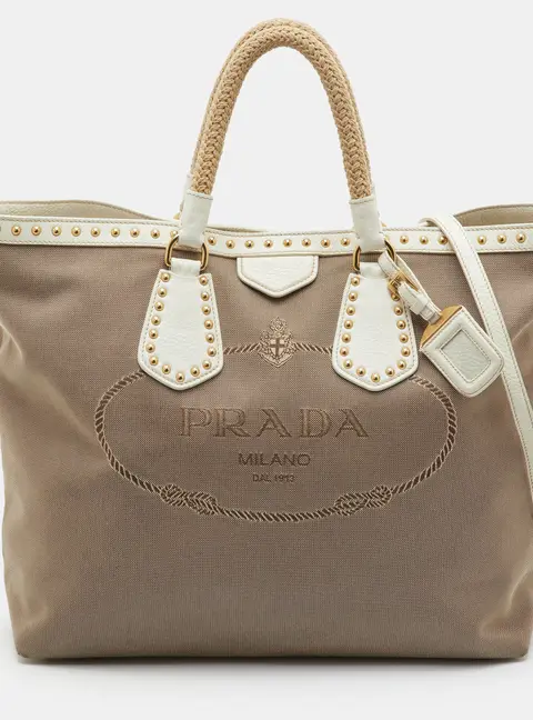 Prada Canapa Beige/White Canvas and Leather Studded Tote