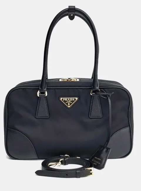 Prada Black Re-Nylon Saffiano Leather Tote and Shoulder Bag
