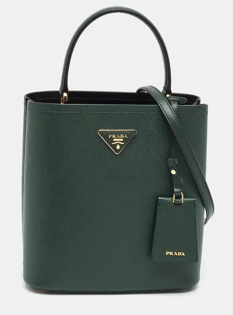 Prada Panier Medium Green Saffiano Cuir Leather Top Handle Bag