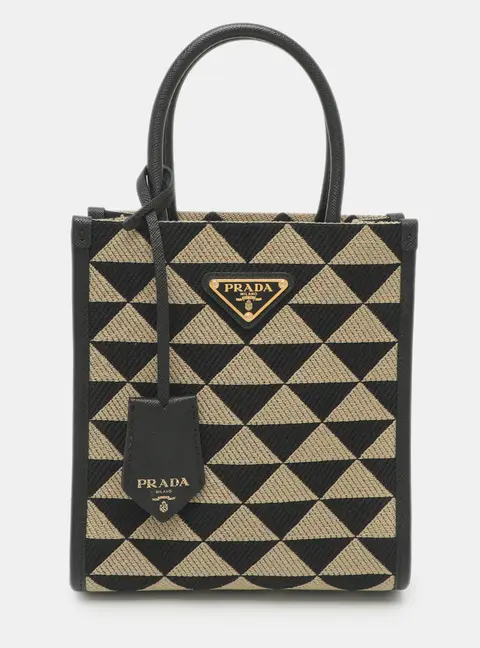 Prada Symbole Embroidered Beige/Black Canvas and Leather Tote