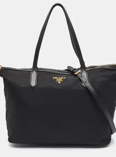 Prada Black Top Zip Leather and Nylon Tote
