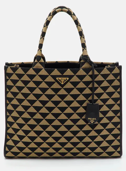 Prada Triangolo Symbole Large Black/Beige Jacquard and Saffiano Leather Tote