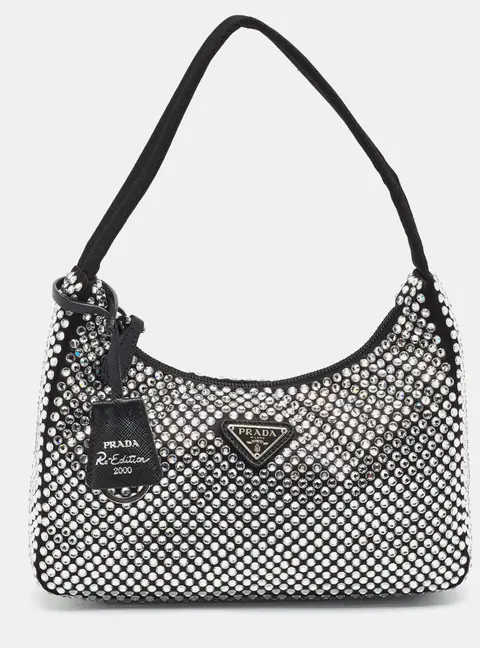 Prada Re-Edition 2005 Black Crystal Studded Satin Shoulder Bag