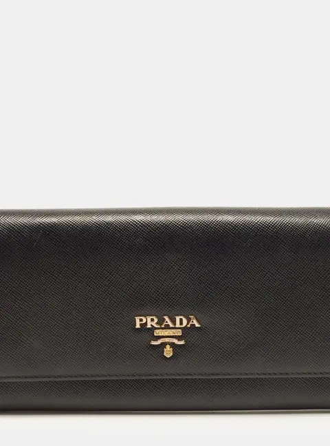 Prada Logo Flap Black Saffiano Lux Leather Continental Wallet