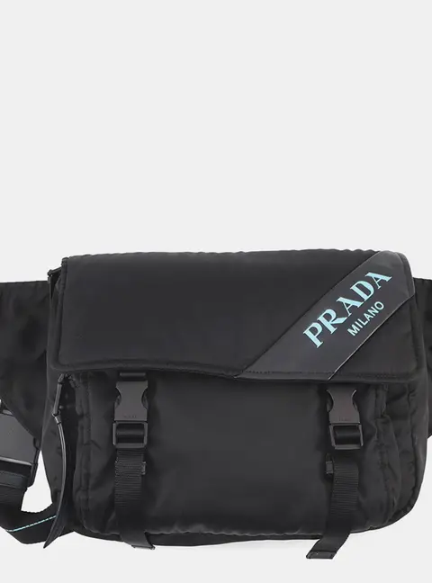 Prada Messenger Black Tessuto Nylon Leather Messenger Bag