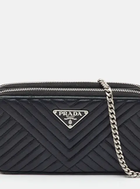 Prada Diagramme Mini Black Quilted Leather Double Zip Shoulder Bag