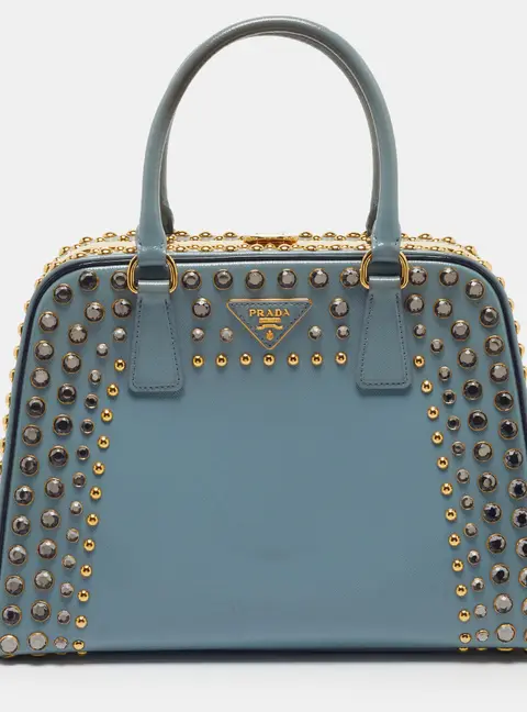 Prada Pyramid Frame Crystal Embellished Light Blue Saffiano Vernic Leather Satchel