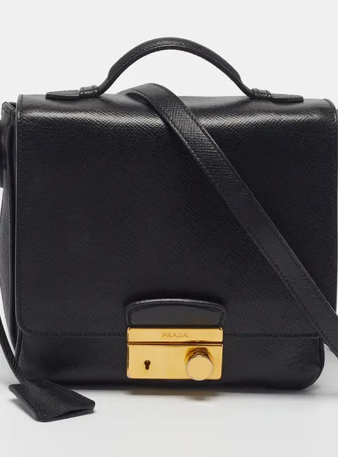 Prada Black Saffiano Cuir Leather Top Handle Crossbody Bag