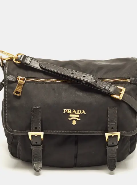 Prada Black Nylon and Leather Double Buckle Messenger Bag