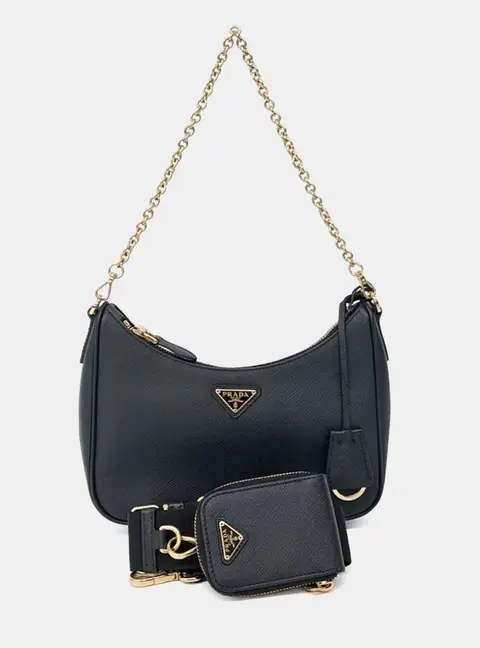 Prada Black Leather Saffiano Luxe Chain Hobo Bag