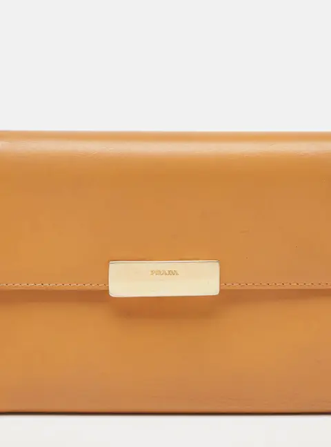 Prada Tan Leather Logo Plague Trifold Wallet